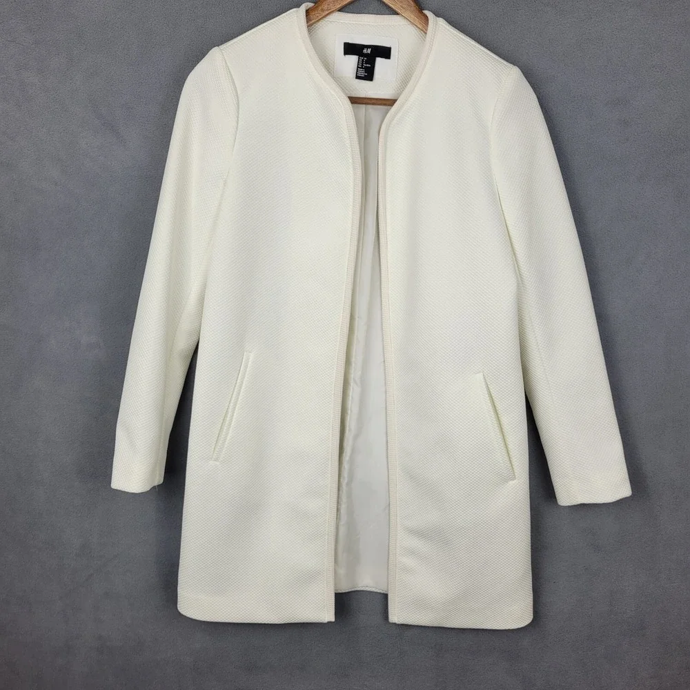 H&M Overcoat Women 4 White Lined Pockets Textured Long Sleeve Open Grannycore 70